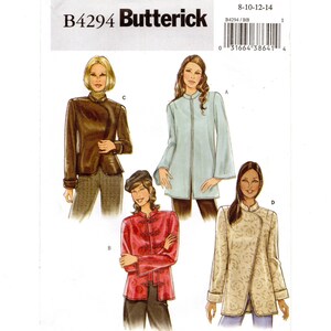 May include: A Butterick sewing pattern featuring illustrations of four different women's jackets. The jackets include a brown leather-look jacket, a light blue jacket with a zipper, a red jacket with Chinese knot buttons, and a cream-colored jacket with a floral pattern.