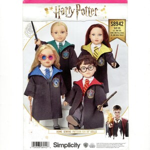 May include: A sewing pattern for 18-inch dolls featuring Harry Potter characters. The pattern includes instructions for making doll costumes, including robes and accessories. The cover displays four dolls dressed as characters from the Harry Potter series.
