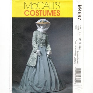 May include: McCall's Costumes pattern M4697. The pattern features a historical costume design with a long, flowing skirt and a fitted jacket. The jacket is light green with ornate detailing. The pattern includes sizes EE (14-16-18-20).