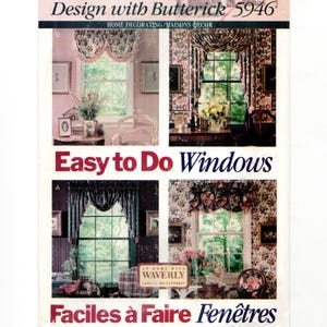 May include: A sewing pattern envelope titled Design with Butterick 5946 Easy to Do Windows. The front displays four distinct window treatment styles featuring floral and striped fabric valances, curtains, and drapes in various room settings.