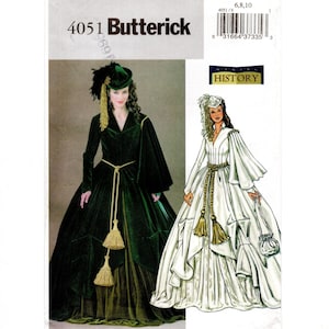 May include: Butterick sewing pattern 4051 for a long-sleeved gown with a full skirt, a capelet, and a matching hat. The design includes a rope belt with large gold tassels. The pattern envelope displays a dark green velvet version and a white illustration.