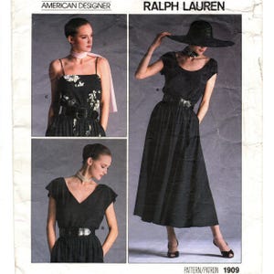 May include: Vintage sewing pattern for a dress with three different styles. The pattern is for size 10 and is from Ralph Lauren. The pattern number is 1909.