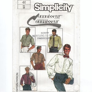 May include: A Simplicity Connoisseur Collection sewing pattern envelope featuring illustrations of various button-down shirts with collars, long and short sleeves, and a bow tie. The text includes Simplicity, Connoisseur, and Fabricland.