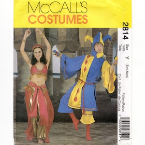 May include: McCall's Costumes pattern 2814, size Y (Sml-Med). The envelope displays two outfits: a red and gold two-piece ensemble with a cropped top and flowing pants, and a blue and yellow jester costume with a matching hood and diamond accents.