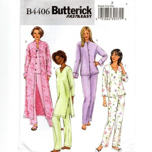 May include: Butterick sewing pattern B4406 Fast & Easy featuring illustrations of four lounge sets. Includes a long floral robe with pants, a solid lime green tunic with pants, a solid lavender button-up top with pants, and a floral print top with pants.