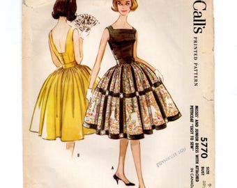 Size 9 Vtg Full Skirt Dress w/ Square Cut Low Back, Petticoat Sewn In, Uncut Sewing Pattern 1961