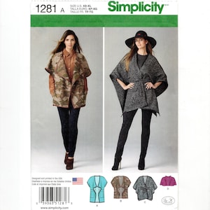 May include: Simplicity pattern 1281 features two women modeling different styles of capes and jackets. The pattern includes sizes XS-XL. The image also shows a blue, brown, and gray jacket design, and a pink jacket design.
