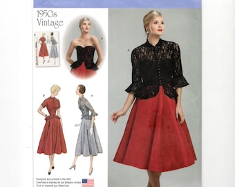 Size 6-14 Shaped Bodice Dress w/ Peplum & Cropped Jacket, 1950s Repro, Uncut Sewing Pattern