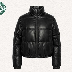 May include: Black puffer jacket with a high collar and a full-length zipper. The jacket is made of a smooth, leather-like material. The logo "Jackets Empire Leather" is in a green circle in the upper left corner.