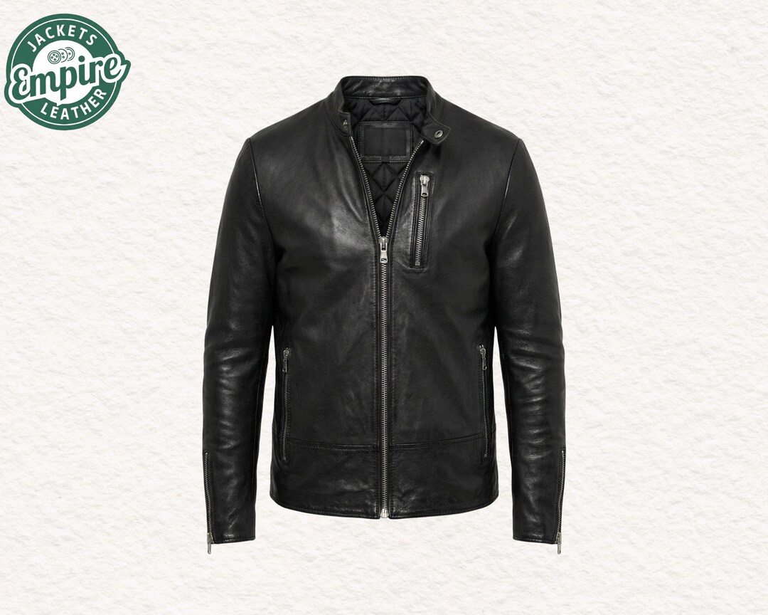 Handmade Black Real Leather Cafe Racer Jacket, Slim Fit Biker Moto Coat ...