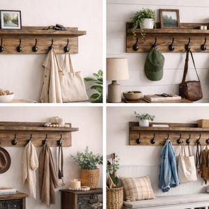 May include: A rustic wooden wall shelf with six black metal hooks. The shelf has a top ledge for displaying decor and is shown with various items hanging from the hooks, including coats, bags, and hats. The wood has a warm, natural finish.