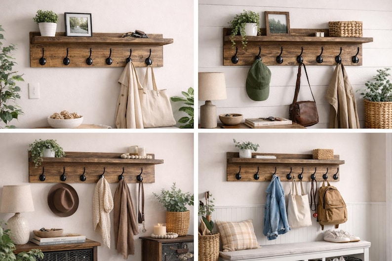 May include: A rustic wooden wall shelf with six black metal hooks. The shelf has a top ledge for displaying decor and is shown with various items hanging from the hooks, including coats, bags, and hats. The wood has a warm, natural finish.