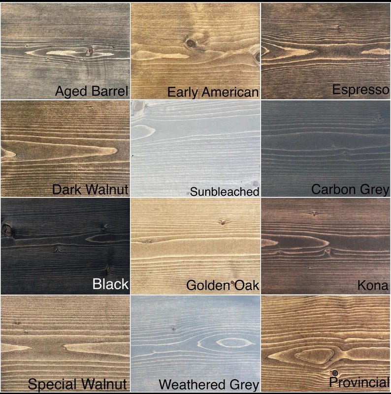 Grid of twelve wood stain samples on pine