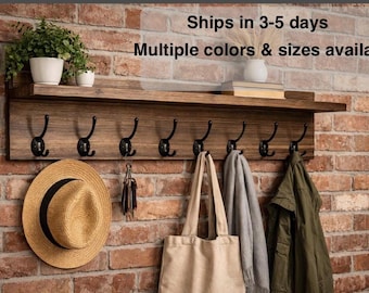 Wood Coat Rack with Shelf, Rustic Farmhouse Entryway Organizer Wall Mounted-Mudroom Storage-Handmade with Hooks