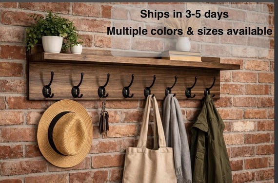 Wood Coat Rack with Shelf, Rustic Farmhouse Entryway Organizer Wall Mounted-Mudroom Storage-Handmade with Hooks
