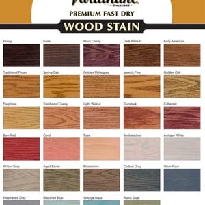 May include: A color chart of Varathane Premium Fast Dry Wood Stain. The chart displays 25 different wood stain colors, including Ebony, Black Cherry, and Antique White. The Varathane logo is at the top.