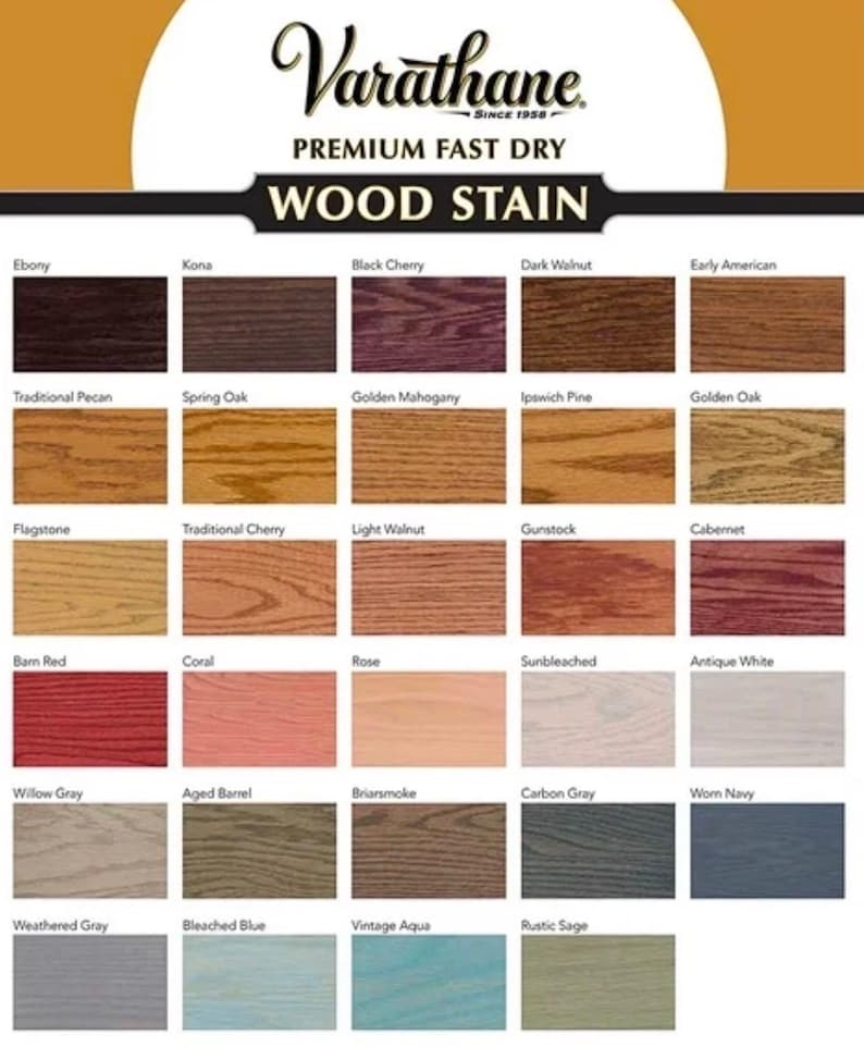 May include: A color chart of Varathane Premium Fast Dry Wood Stain. The chart displays 25 different wood stain colors, including Ebony, Black Cherry, and Antique White. The Varathane logo is at the top.