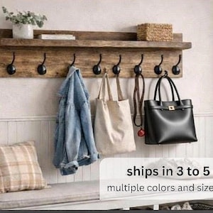 Rustic Wooden Coat Rack with Shelf-Wall Mounted Entryway Organizer with Hooks-Farmhouse Mudroom Storage-Handmade Wooden Wall Hooks
