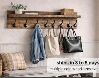 Wood Coat Rack with Shelf-Wall Mounted Entryway Organizer with Hooks-Farmhouse Mudroom Storage-Handmade Wooden Wall Hooks