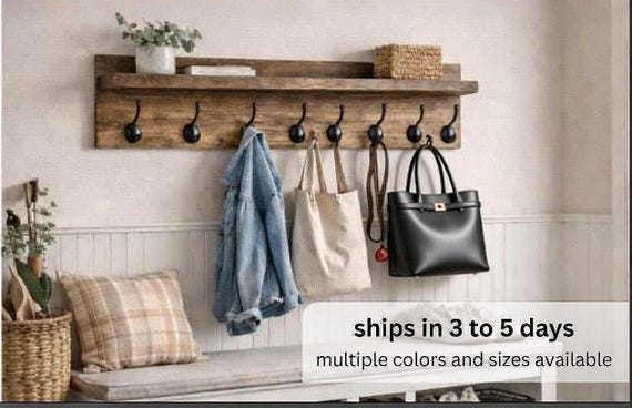 Wood Coat Rack with Shelf-Wall Mounted Entryway Organizer with Hooks-Farmhouse Mudroom Storage-Handmade Wooden Wall Hooks
