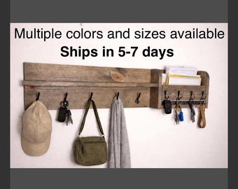 Wood Entryway Mail Organizer with Hooks and Shelf / Coat Rack / Key Holder
