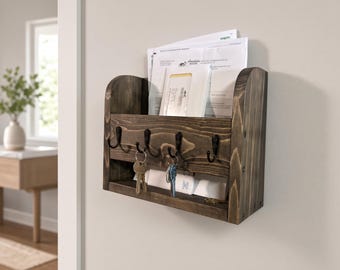 Wood Mail Organizer with Key Hooks | Farmhouse Entryway Mail Holder | Wall Mail Sorter | Wooden Key Rack | Entryway Organizer | House warmin