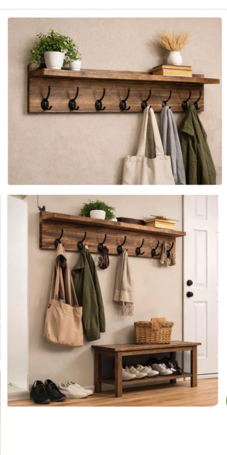 May include: A rustic wooden wall-mounted coat rack with black metal hooks and a top shelf. The shelf holds a potted plant, books, and decorative items. Coats, bags, and scarves hang from the hooks. A wooden bench with shoes is below.