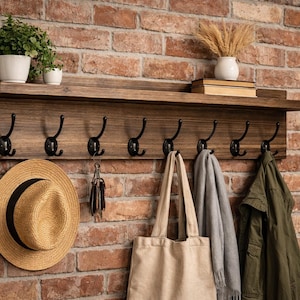 Wood Coat Rack with Shelf, Rustic Farmhouse Entryway Organizer Wall Mounted-Mudroom Storage-Handmade with Hooks image 5
