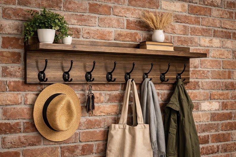Wood Coat Rack with Shelf, Rustic Farmhouse Entryway Organizer Wall Mounted-Mudroom Storage-Handmade with Hooks image 5