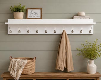 Floating Coat Rack Shelf | Entryway Shelf with Hooks | Farmhouse Wall Shelf | Mudroom Organizer | Handmade Wood Coat Rack | Custom Sizes