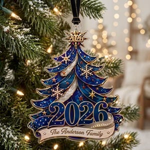 May include: A Christmas tree-shaped ornament in shades of deep blue and gold, featuring the year 2026 at the top and bottom. The design includes gold star and snowflake accents, with a banner at the base displaying the text The Anderson Family.