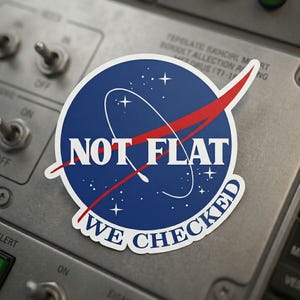 May include: A circular sticker featuring the NASA logo with a blue background, white stars, and a red swoosh. The text "NOT FLAT" is above "WE CHECKED" in white, bold letters. The sticker is placed on a metallic surface with switches.