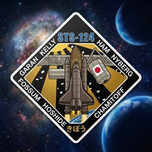 May include: A diamond-shaped patch featuring a space shuttle design with the text "STS-124". The patch includes the names of the crew members and the Japanese word "kibo". The background shows a galaxy and planets.