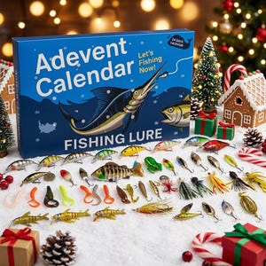 May include: A blue rectangular box labeled Adevent Calendar Fishing Lure with a swordfish illustration, surrounded by an assortment of colorful fishing lures, hooks, and soft plastic baits arranged on a white surface with holiday decor.