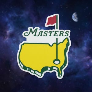 May include: A die-cut sticker featuring a yellow map of the United States with a dark green outline. A vertical golf flag pole with a red flag stands on the map, and the word Masters is written in dark green cursive script above the map.
