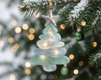 Personalized Sea Glass Tree Ornament, Coastal Family Christmas Keepsake, Beach Holiday Decor, Custom Name Gift for Grandma, Ocean Lover Gift