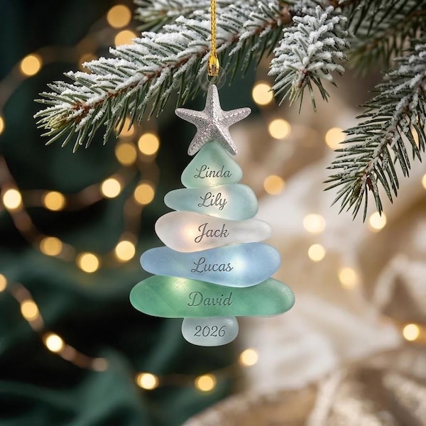 Custom Sea Glass Tree Acrylic Ornament, Coastal Family Christmas Keepsake, Beach Holiday Decor, Custom Name Gift for Grandma, Lover Gift