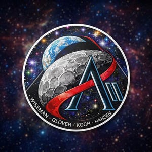 May include: Circular patch featuring a stylized Earth and Moon with a red ribbon and a large letter "A". The background is a starry galaxy. The names "Wiseman, Glover, Koch, Hansen" are printed around the edge.