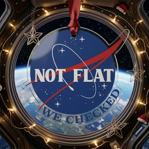May include: A circular ornament featuring a dark blue background with white stars and a red swoosh graphic. The text reads NOT FLAT in large white letters and WE CHECKED in smaller white letters. It hangs from a red ribbon at the top.