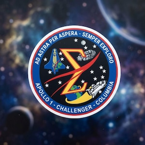 May include: A circular mission patch featuring a black center with a large yellow letter Z, a blue space shuttle, a white astronaut glove, a small Earth, and stars. The border is blue with red trim and text reading AD ASTRA PER ASPERA - SEMPER EXPLORO APOLLO 1 - CHALLENGER - COLUMBIA.