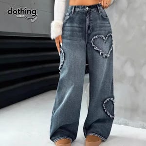 Wide Leg Jeans | Heart Patchwork Denim Pants | Daily Wear | Y2K Streetwear Style

Wide leg denim jeans with heart patch details and vintage Y2K streetwear style