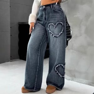 Wide Leg Jeans | Heart Patchwork Denim Pants | Daily Wear | Y2K Streetwear Style

Wide leg denim jeans with heart patch details and vintage Y2K streetwear style