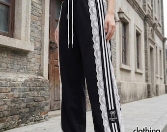 Pantalones deportivos holgados con encaje / Pantalones deportivos de pierna ancha con cordón / Ropa casual / Estilo streetwear Y2K