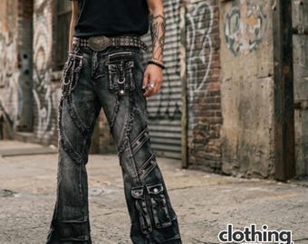 Pantalones anchos góticos negros / Silueta utilitaria extragrande / Conjunto casual de estilo streetwear / Tendencia punk Y2K