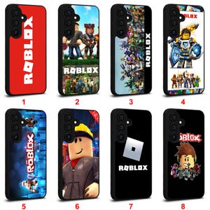 May include: A collection of eight phone cases featuring various designs related to the Roblox video game. The cases display the Roblox logo, characters, and scenes in vibrant colors. The cases are numbered 1 through 8.