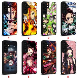 May include: A collection of eight black phone cases featuring colorful anime character designs. Each case showcases a different character with vibrant artwork, including images of swords, flames, and various anime figures. The cases are numbered 1 through 8.