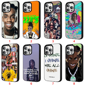 May include: Collection of eight phone cases with various designs. The cases feature images of a person, text, and graphic designs. The cases are black with different colored backgrounds, including orange, white, and purple.