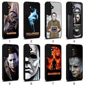 May include: Eight black phone cases with designs from the horror film "Halloween." The cases display the masked character, film posters, and a mugshot. The word "Halloween" is printed on some cases. The cases are for a mobile phone.