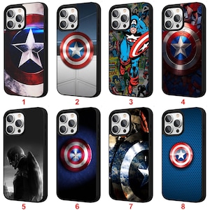 May include: Eight phone cases with Captain America designs. The cases display the iconic shield, star, and comic book imagery in various styles. Colours include red, white, blue, and black, with a mix of textures and graphic elements.