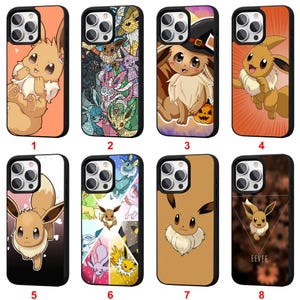 May include: A collection of eight phone cases featuring Eevee, a popular Pokémon character. The cases showcase various designs, including illustrations of Eevee in different poses, with Halloween themes, and geometric patterns. The cases are in black and orange.